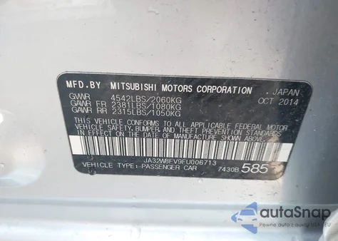 2015 Mitsubishi Lancer Evolution Gsr из США, поврежденный, VIN JA32W8FV9FU006713